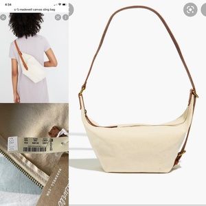 Madewell canvas sling bag in natural with tan leather adjustable strap.